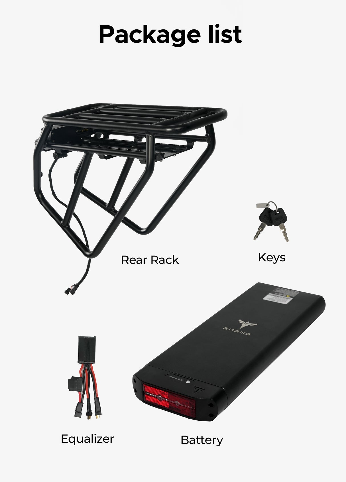 Die Packliste enthält Gepäckträger, Schlüssel, Equalizer und Batterie.
