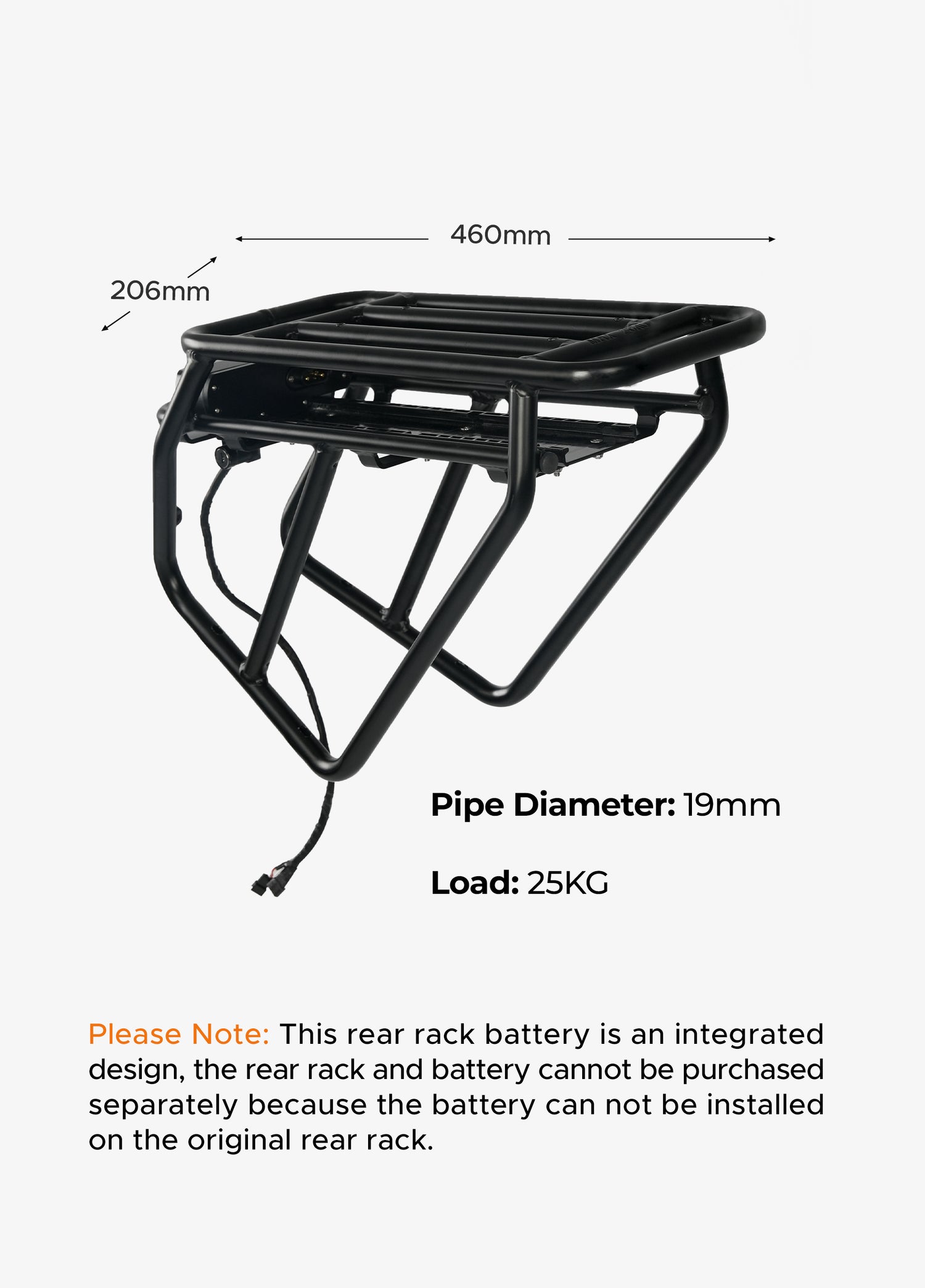 Der Gepäckträger hat eine Tragkraft von 25 kg und ist 460 mm lang und 206 mm breit. Bitte beachten Sie, dass die Batterien auf dem Gepäckträger eine Hybridkonstruktion sind und nicht separat vom Gepäckträger erworben werden können.