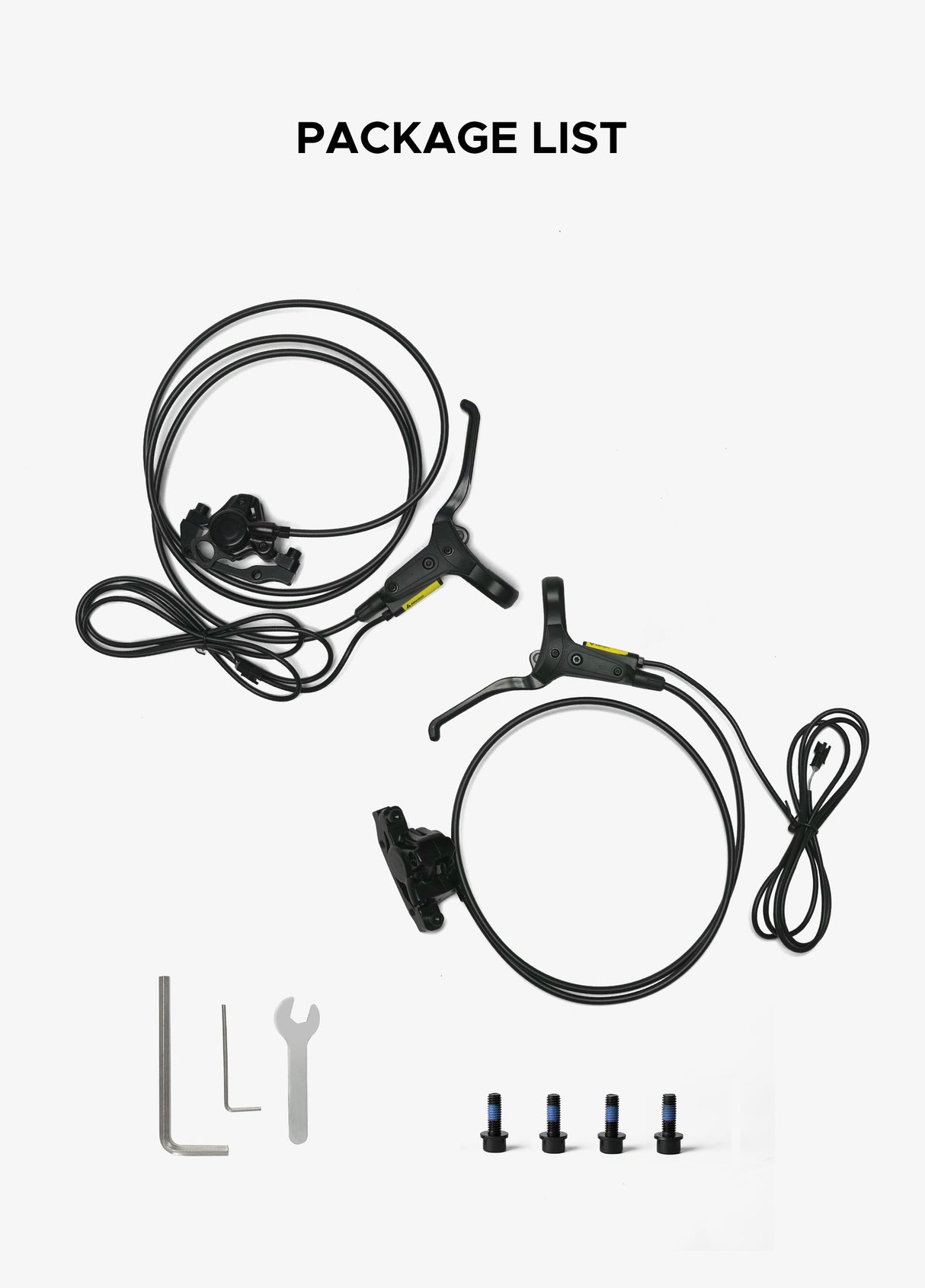 Das Set beinhaltet eine hydraulische Bremse, einen Schraubenschlüssel und Schrauben.