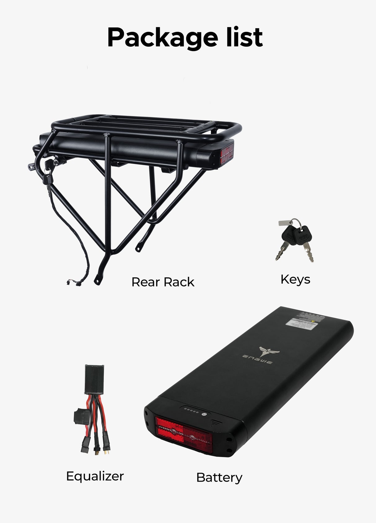 Die Packliste enthält Gepäckträger, Schlüssel, Equalizer und Batterie.