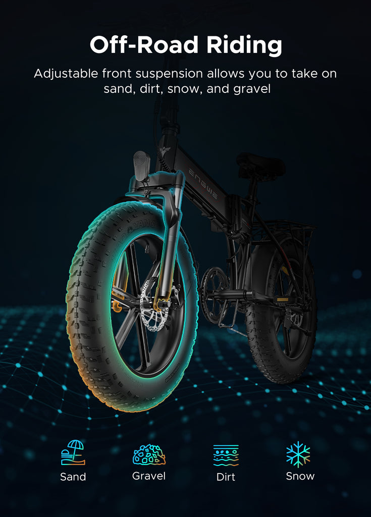 Die einstellbare Vorderradaufhängung des Engwe Ep-2 Pro E-Bikes macht das Fahren im Gelände stabil und komfortabel