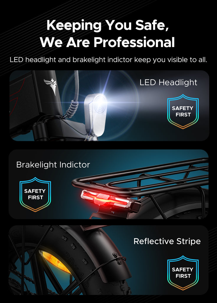 LED-Scheinwerfer, Bremslichtanzeige und reflektierender Streifen des Engwe Ep-2 Pro E-Bikes sorgen für die Sicherheit der Fahrer