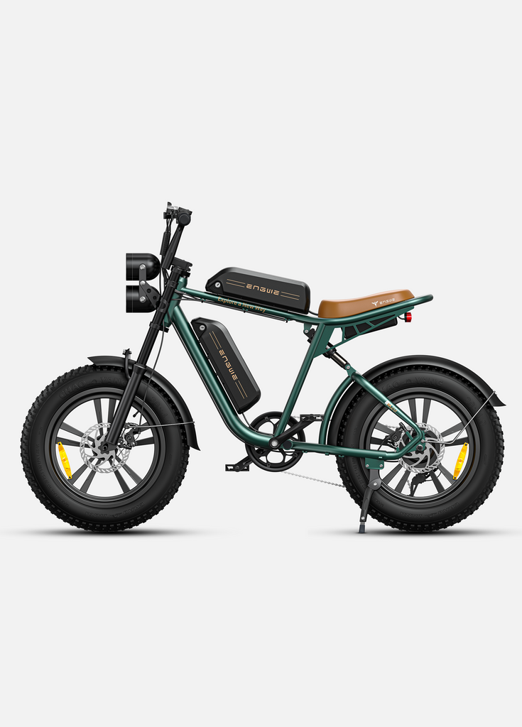 Ein grünes Engwe M20 E-Bike mit Doppelbatterien