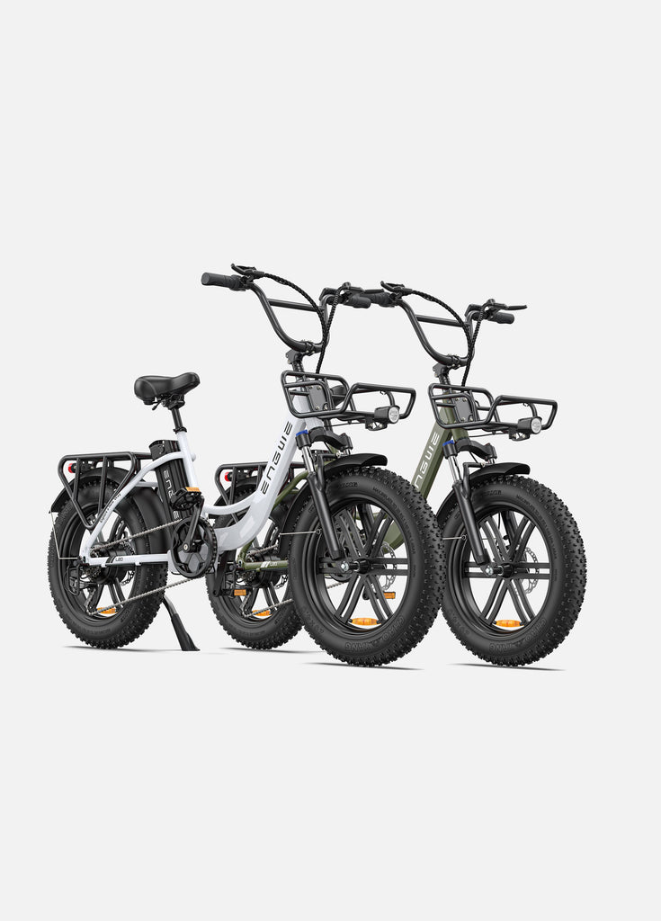 1 schneeweiß Engwe L20 und 1 avocado grun Engwe L20 E-Bikes