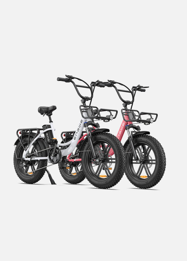 1 schneeweiß Engwe L20 und 1 flamingorosa rosa Engwe L20 E-Bikes