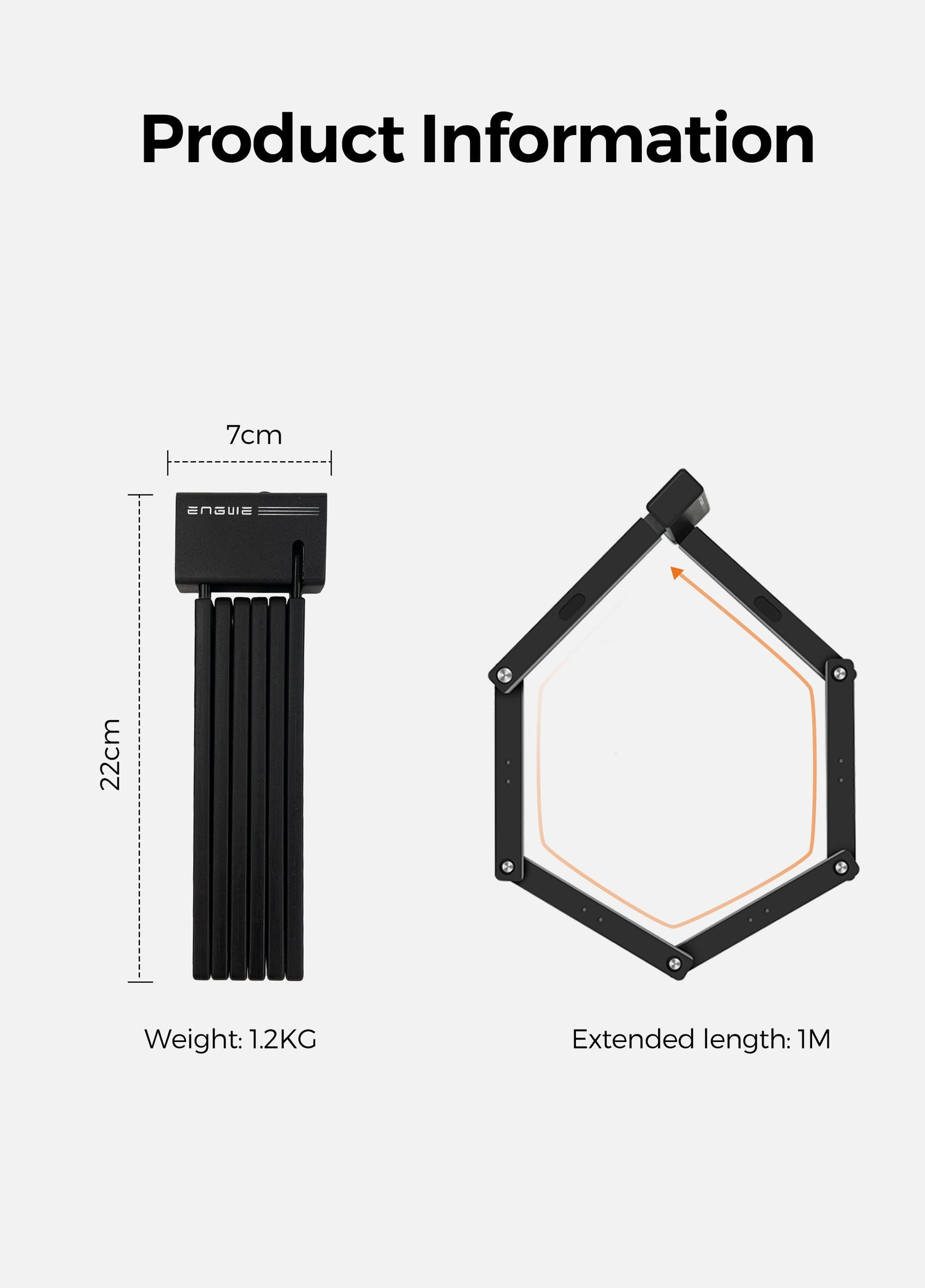 Das faltbare ENGWE Fahrradschloss  ist 22 cm lang, 7 cm breit und kann auf 1 m ausgezogen werden.