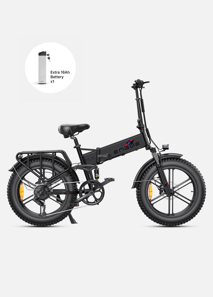 ein schwarzes Engwe Engine Pro E-Bike und eine zusätzliche Batterie