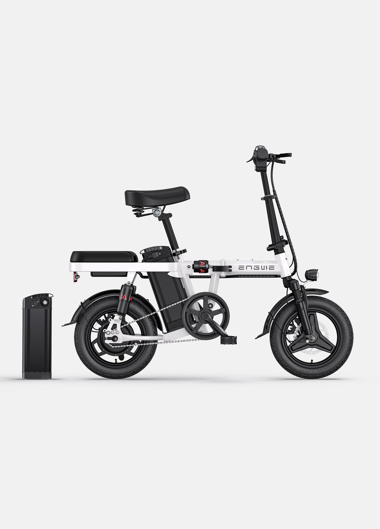 ein weißer Engwe T14 und eine zusätzliche Batterie