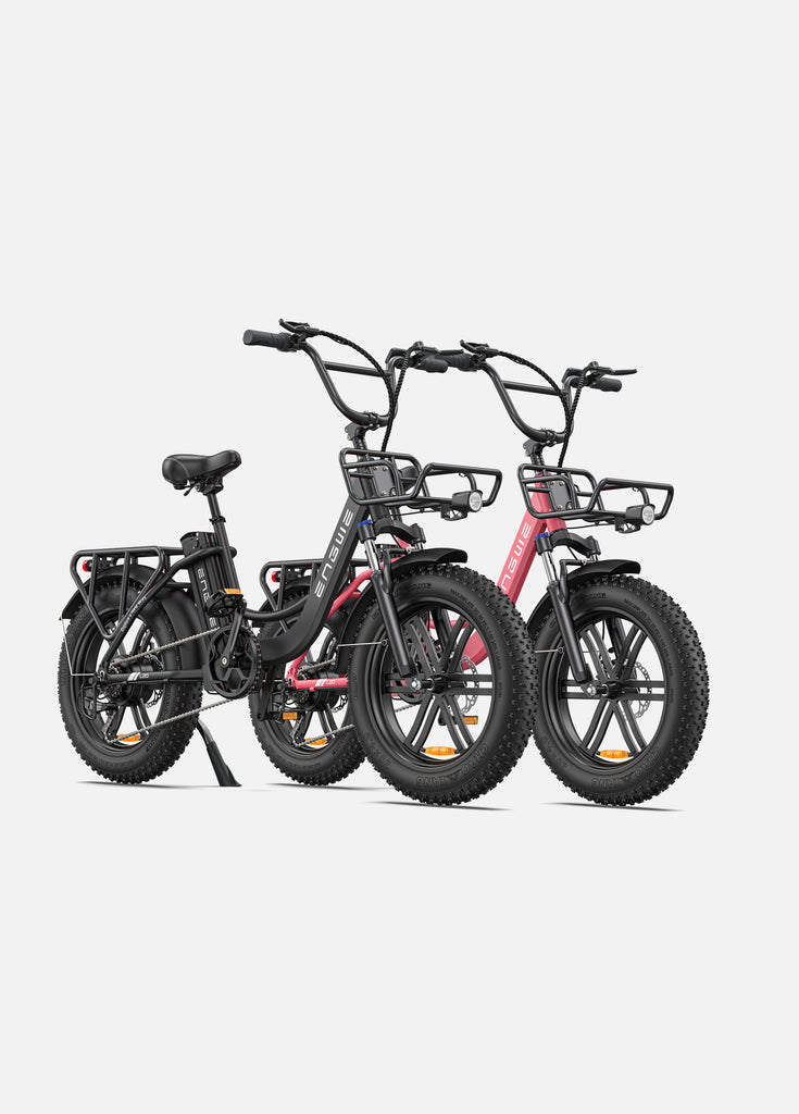 1 onyx schwarz Engwe L20 und 1 flamingorosa rosa Engwe L20 E-Bikes
